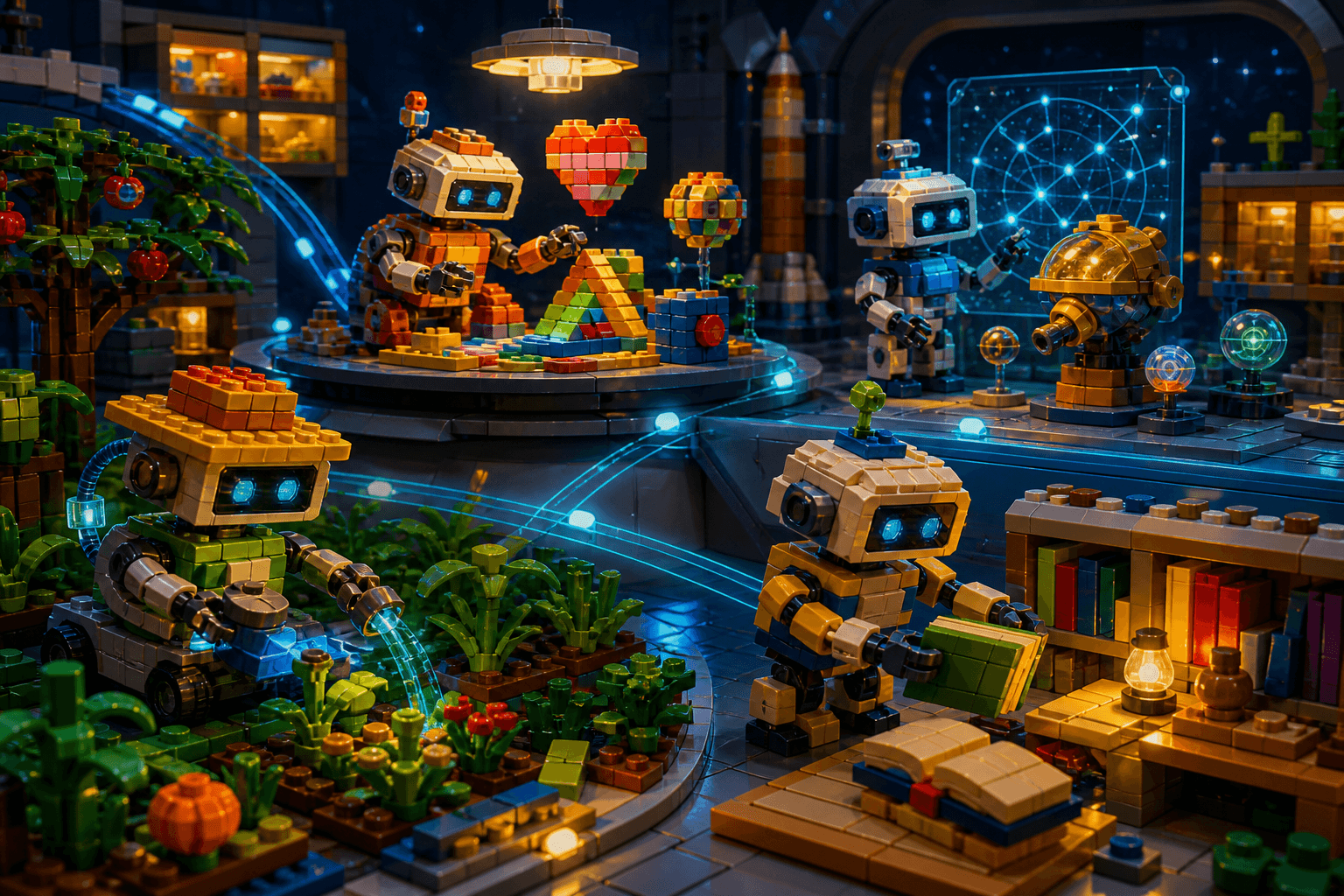 Original brick-built AI helpers learning, creating, exploring, and tending a garden