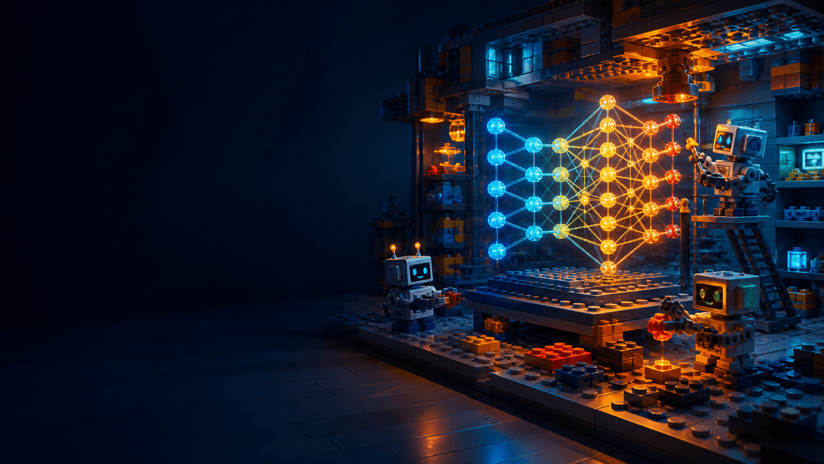 An original brick-built AI workshop with friendly robots exploring a glowing neural network